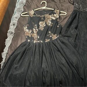Elegant Black and Gold Floral Prom Dress
